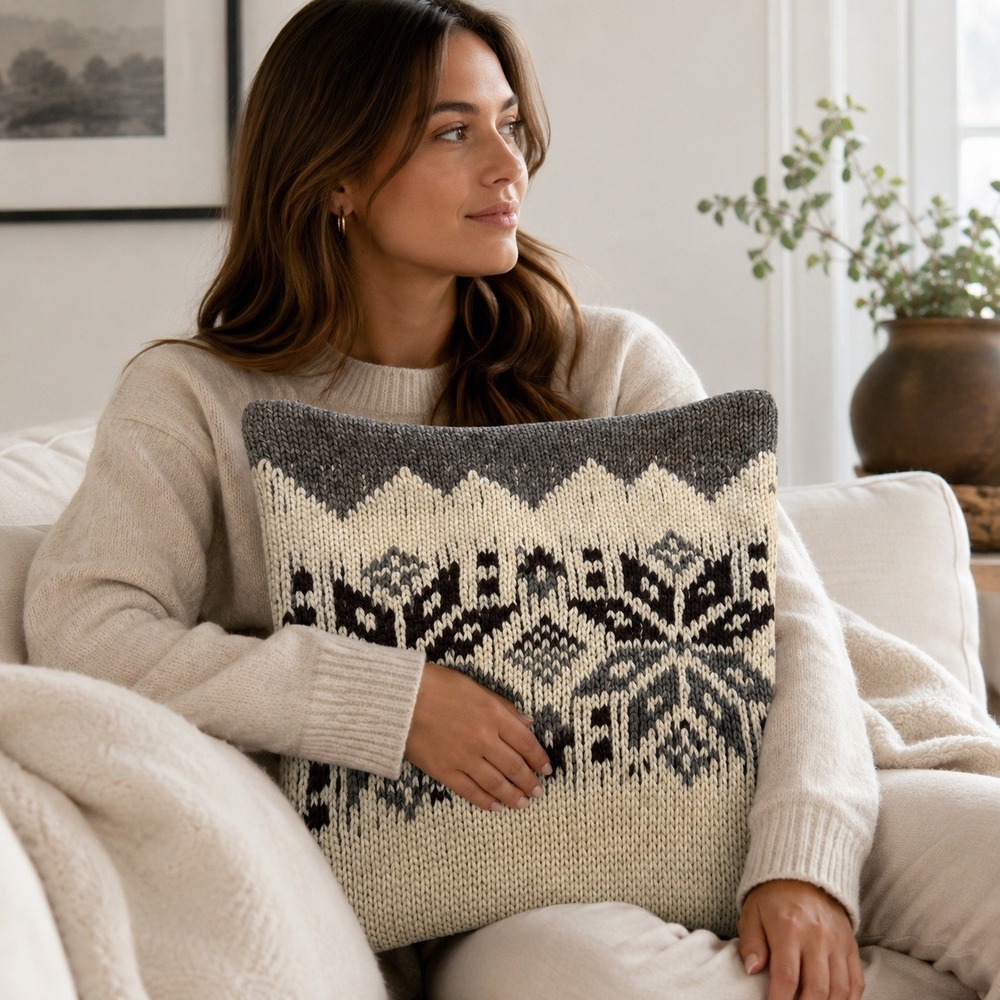Pottery Barn Throw Pillow Cover 20x20 Cream Gray Fair Isle Snowflake Wool Blend